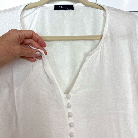 KLD white Flowy Oversized Blouse Large Short Flutter Sleeves Button Up Womens - Picture 11 of 11